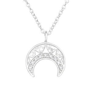 Sterling Silver Crescent Moon Necklace with Crystal Stones